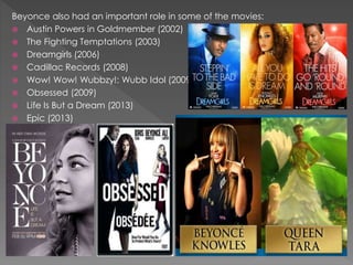 Beyonce also had an important role in some of the movies:
 Austin Powers in Goldmember (2002)
 The Fighting Temptations (2003)
 Dreamgirls (2006)
 Cadillac Records (2008)
 Wow! Wow! Wubbzy!: Wubb Idol (2009)
 Obsessed (2009)
 Life Is But a Dream (2013)
 Epic (2013)
 