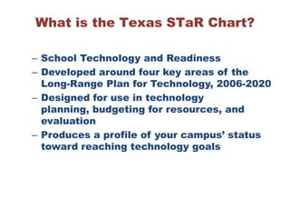 What is the Texas STaR Chart? School Technology and Readiness Developed around four key areas of the Long-Range Plan for Technology, 2006-2020 Designed for use in technology planning, budgeting for resources, and evaluation Produces a profile of your campus’ status toward reaching technology goals