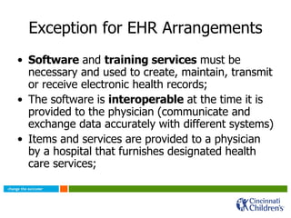 Exception for EHR Arrangements Software  and  training services  must be necessary and used to create, maintain, transmit or receive electronic health records; The software is  interoperable  at the time it is provided to the physician (communicate and exchange data accurately with different systems) Items and services are provided to a physician by a hospital that furnishes designated health care services; 