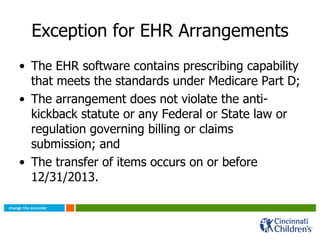 Exception for EHR Arrangements The EHR software contains prescribing capability that meets the standards under Medicare Part D; The arrangement does not violate the anti-kickback statute or any Federal or State law or regulation governing billing or claims submission; and The transfer of items occurs on or before 12/31/2013. 