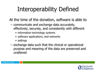 Interoperability Defined At the time of the donation, software is able to  communicate and exchange data accurately, effectively, securely, and consistently with different information technology systems software applications, and networks settings exchange data such that the clinical or operational purpose and meaning of the data are preserved and unaltered 