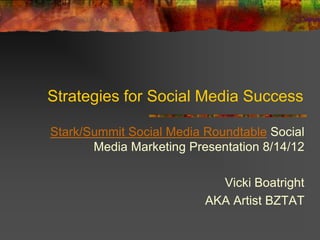 Strategies for Social Media Success

Stark/Summit Social Media Roundtable Social
       Media Marketing Presentation 8/14/12

                            Vicki Boatright
                          AKA Artist BZTAT
 