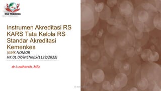 Instrumen Akreditasi RS
KARS Tata Kelola RS
Standar Akreditasi
Kemenkes
(KMK NOMOR
HK.01.07/MENKES/1128/2022)
dr Luwiharsih, MSc
19-20 Mei 2022
 