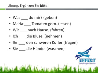 Übung. Ergänzen Sie bitte!
Übung macht den Meister
          •               Was ___ du mir? (geben)
          •               Maria ___ Tomaten gern. (essen)
          •               Wir ___ nach Hause. (fahren)
          •               Ich ___ die Bluse. (nehmen)
          •               Ihr ___ den schweren Koffer (tragen)
          •               Sie ___ die Hände. (waschen)
 