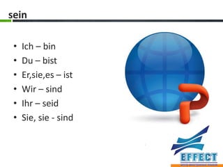 sein

 •   Ich – bin
 •   Du – bist
 •   Er,sie,es – ist
 •   Wir – sind
 •   Ihr – seid
 •   Sie, sie - sind
 