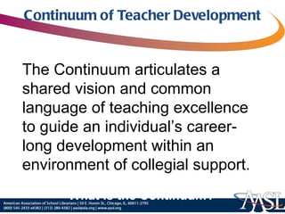Continuum of Teacher Development What is the Continuum? The Continuum articulates a shared vision and common language of teaching excellence to guide an individual’s career-long development within an environment of collegial support. 