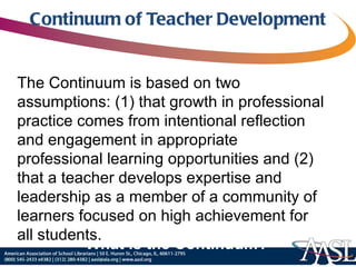 Continuum of Teacher Development What is the Continuum? The Continuum is based on two assumptions: (1) that growth in professional practice comes from intentional reflection and engagement in appropriate professional learning opportunities and (2) that a teacher develops expertise and leadership as a member of a community of learners focused on high achievement for all students. 