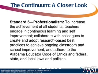 The Continuum: A Closer Look Standard 5—Professionalism:  To increase the achievement of all students ,  teachers engage in continuous learning and self improvement; collaborate with colleagues to create and adopt research-based best practices to achieve ongoing classroom and school improvement; and adhere to the Alabama Educator Code of Ethics and federal, state, and local laws and policies. Standard 5 