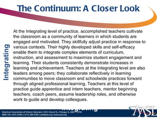 The Continuum: A Closer Look At the Integrating level of practice, accomplished teachers cultivate the classroom as a community of learners in which students are engaged and motivated. They skillfully adjust practice in response to various contexts. Their highly developed skills and self-efficacy enable them to integrate complex elements of curriculum, instruction, and assessment to maximize student engagement and learning. Their students consistently demonstrate increases in learning and achievement. Teachers at the Integrating level are also leaders among peers; they collaborate reflectively in learning communities to move classroom and schoolwide practices forward through aligned professional learning. Teachers at this level of practice guide apprentice and intern teachers, mentor beginning teachers, coach peers, assume leadership roles, and otherwise work to guide and develop colleagues.  Integrating 