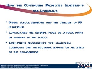 How the Continuum Promotes Leadership for Librarians Draws school librarians into the limelight of PD leadership Consolidates the library’s place as a focal point of learning in the school Strengthens relationships with classroom colleagues and instructional leaders on all levels of the collaborative 