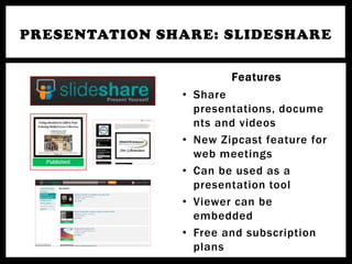 PRESENTATION SHARE: SLIDESHARE

                       Features
               • Share
                 presentations, docume
                 nts and videos
               • New Zipcast feature for
                 web meetings
               • Can be used as a
                 presentation tool
               • Viewer can be
                 embedded
               • Free and subscription
                 plans
 