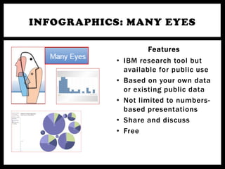INFOGRAPHICS: MANY EYES

                       Features
            •   IBM research tool but
                available for public use
            •   Based on your own data
                or existing public data
            •   Not limited to numbers-
                based presentations
            •   Share and discuss
            •   Free
 