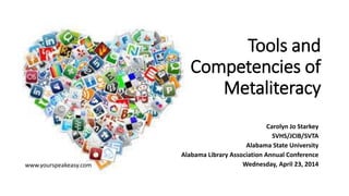 Tools and
Competencies of
Metaliteracy
Carolyn Jo Starkey
SVHS/JCIB/SVTA
Alabama State University
Alabama Library Association Annual Conference
Wednesday, April 23, 2014www.yourspeakeasy.com
 