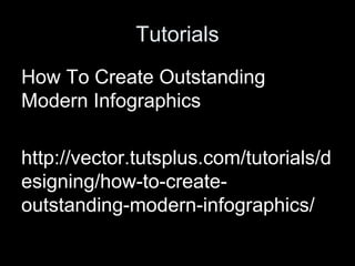 Tutorials
How To Create Outstanding
Modern Infographics
http://vector.tutsplus.com/tutorials/d
esigning/how-to-create-
outstanding-modern-infographics/
 