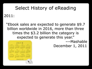 Select History of eReading
2011:

 “Ebook sales are expected to generate $9.7
  billion worldwide in 2016, more than three
      times the $3.2 billion the category is
         expected to generate this year.”
                                     ---Mashable
                              December 1, 2011
 