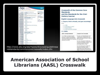 http://www.ala.org/ala/mgrps/divs/aasl/guidelinesa
ndstandards/commoncorecrosswalk/index.cfm




   American Association of School
    Librarians (AASL) Crosswalk
 