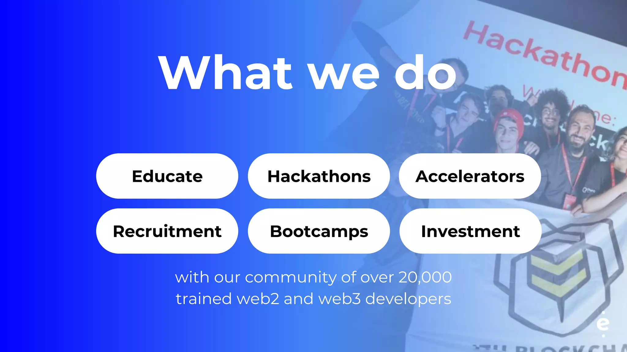with our community of over 20,000
trained web2 and web3 developers
What we do
Educate Accelerators
Hackathons
Recruitment Bootcamps Investment
 
