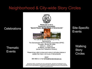 Neighborhood & City-wide Story Circles Walking Story Circles Thematic Events Site-Specific Events Celebrations 