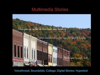 Multimedia Stories Voicethread ;  Soundslide ;  Collage ;  Digital Stories;   Hypertext 