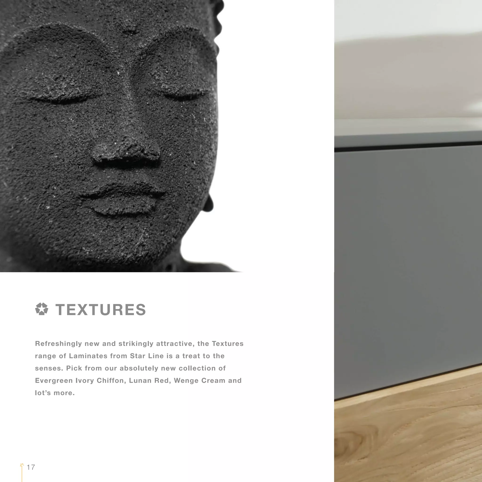 Refreshingly new and strikingly attractive, the Textures
range of Laminates from Star Line is a treat to the
senses. Pick from our absolutely new collection of
Evergreen Ivory Chiffon, Lunan Red, Wenge Cream and
lot’s more.
TEXTURES
17
 