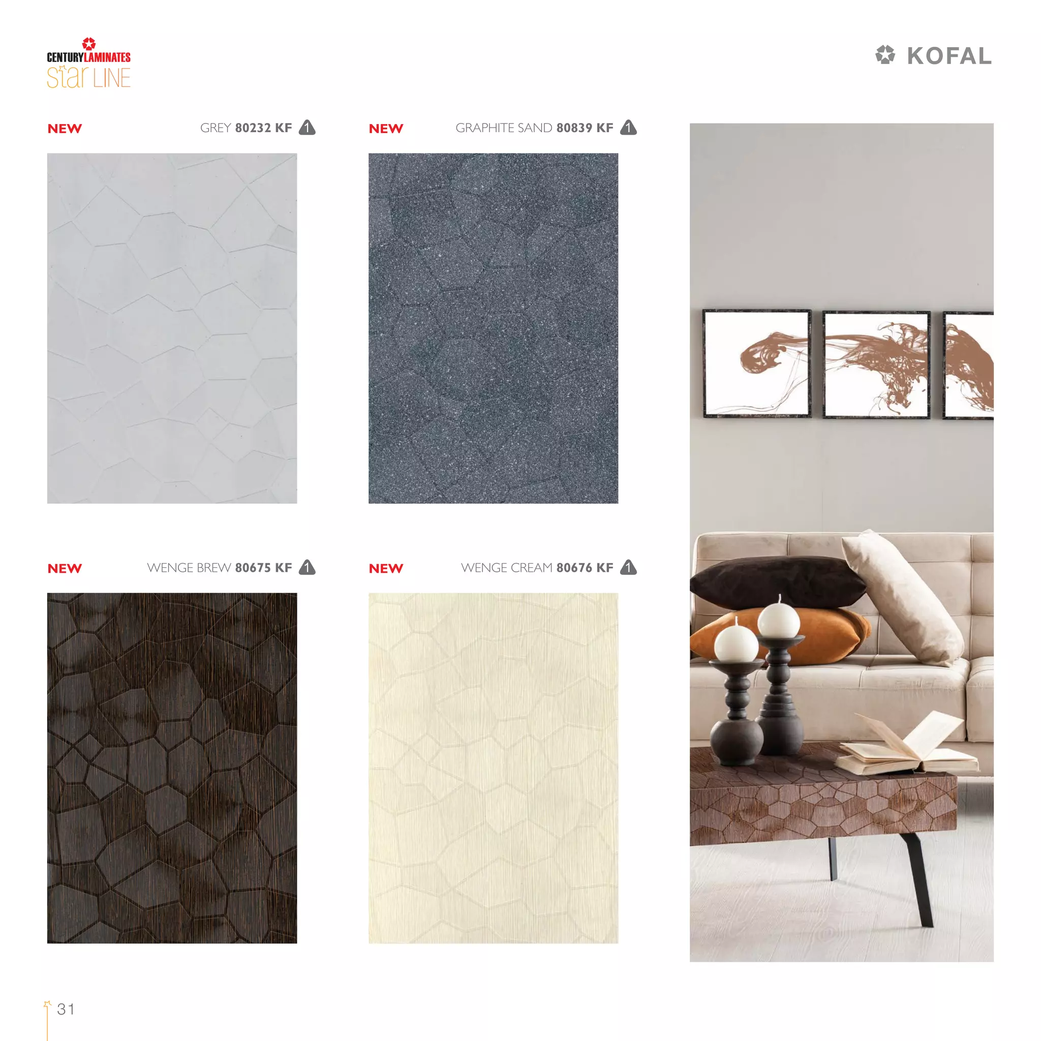 LINE
31
KOFAL
GRAPHITE SAND 80839 KF 1GREY 80232 KF 1
WENGE CREAM 80676 KF 1WENGE BREW 80675 KF 1
NEW NEW
NEW NEW
 