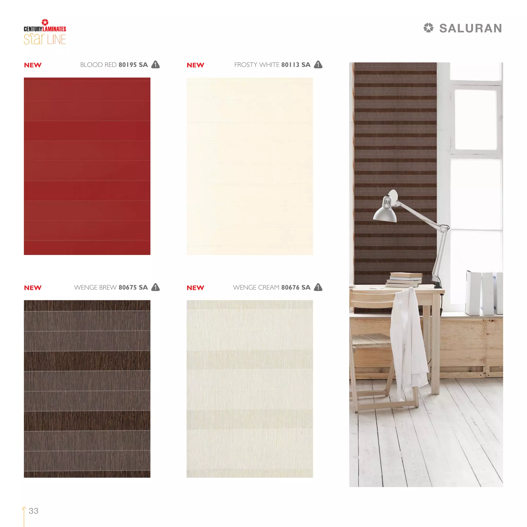 LINE
33
SALURAN
FROSTY WHITE 80113 SA 1BLOOD RED 80195 SA 1
WENGE CREAM 80676 SA 1WENGE BREW 80675 SA 1
NEW NEW
NEW NEW
 