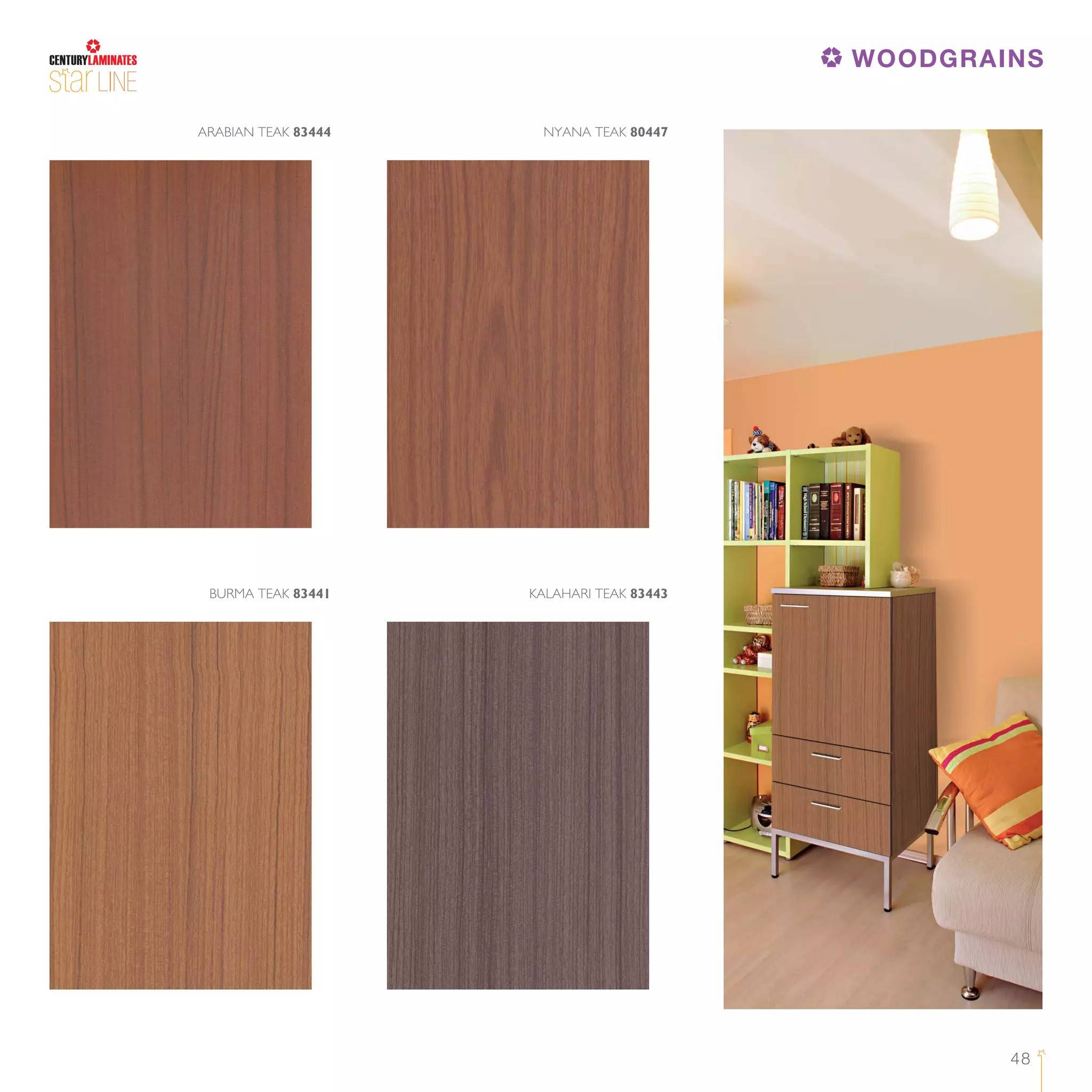 48
ARABIAN TEAK 83444 NYANA TEAK 80447
BURMA TEAK 83441 KALAHARI TEAK 83443
LINE
WOODGRAINS
 