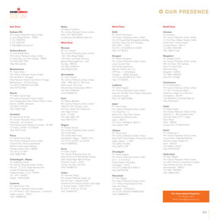 66
LINE
East Zone
Kolkata HO
M/s Century Plyboards (India) Limited
6, Lyons Range Kolkata - 700001
T: 033 39403950
F: 033 22483539
E: Kolkata@centuryply.com
Kolkata Branch
Mr. Jyoti Prakash Bose
M/s Century Plyboards (India) Limited
4, Fairlie Place, 2nd Floor Kolkata - 700001
Tel: (033) 30217900
Mob: 9051228266
Bhubaneswar
Mr. Tapan Sahoo
M/s Century Plyboards (India) Limited
Plot No.40 & 41, Rasulgarh
Near Narayani Motor Lines Infront Of Image
Bhubaneswar - 751010 (Orissa)
Tel: (0674) 2582502 & 3270189
Mob: 9437567868
Ranchi
Mr. Nitesh Kumar Singh
M/s Century Plyboards (India) Limited
Devi Mandap Road Near Mahavir Mandir, Hesal
Ranchi - 834005 (Jharkand)
Tel: (0651) 3245541
Mob: 9608191881
Guwahati
Mr. Ravi Kumar Pandey
M/s Century Plyboards (India) Limited
House No - 24, 2nd Floor,
Piyoli Phukan Road, Rehabari Guwahati - 781008
Tel: (0361) 2737871 & 2736838
Mob: 9957212281
Patna
Mr. Nitesh Kumar Singh
M/s Century Plyboards (India) Limited
Ground Floor, Shivkunj Apartment,
Behind Chandi Vyapar Bhawan,
Exhibition Road, Patna - 800001
Tel: (0612) 3210071
Mob: 9608191881
Chattishgarh - Raipur
Mr. Shibabrato Ghosh
M/s Century Plyboards (India) Limited
Plot No. - 9, "J.C.B." Kedia Business Park
In-front Of National Garage
Tatibandh Raipur (C.G.) - 492001
Tel :- 0771-3260021
Mobile :- 9038236200
Lucknow
Mr. Ajeet Kumar Ojha
M/s Century Plyboards (India) Limited
E/1-139 Phase 2, Opp. Parking No. 7, Transport
Nagar Lucknow - 226012
Mob: 7408885566
Nepal
Mr. Saikat Choudhury
M/s Century Plyboards (India) Limited
Mob: +977 9803570403
E: saikat.choudhury@centuryply.com
West Zone
Mumbai
Mr. A. K. Naveen
M/s Century Plyboards (India) Limited
1501-1506, Range Heights.
15th Floor, Link Road, Oshiwara,
Behram Baug, Jogeshwari - west
Mumbai - 400102
Tel: (022) 39403950
Mob: 8586975938
Ahmedabad
Mr. Hiren Chavda
M/s Century Plyboards (India) Limited
1006 - 1009, Sakar III, 10th Floor
Near Income Tax Circle
Ashram Road, Ahmedabad-380014
Tel: (079) 39403950
Mob: 9769887279
Pune
Mr. Mahesh Bhalerao
M/s Century Plyboards (India) Limited
Office No 402, Winners Court
4th Floor, Above ZK’s Restaurant
Lulla Nagar Chowk
Pune – 411040
Tel: (020) 26831140
Mob: 9833233155
Nagpur
Mr. Prateek Sonone
M/s Century Plyboards (India) Limited
202 Crystal Plaza,
276 Central Bazar Road,
Ramdaspeth, Nagpur - 440023 (M.S.)
Tel: (0712) 3223921 & 3223922
Mob: 9630090020
Surat
Mr. Hiren Chavda
M/s Century Plyboards (India) Ltd.
Shed No.22,23,24, Bhid Bhanjan Society
Near Gopal Nagar, Bamroli Road,
Pandesara, Surat t- 394221
Contact No. 0261-2613433
Mob: 9769887279
Indore
Mr. Navneet Mangal
M/s Century Plyboards (India) Ltd.
Plot No. Aa/11, "Papalal Tower"
Scheme No.54, Satya Sai Square, Vijay Nagar
A. B. Road, Indore - 452010 (M.P.)
Ph: (0731) 3228122, 3221621
Mob: 7566661395
North Zone
Delhi
Mr. Manish Shrivastava
M/s Century Plyboards (India) Limited
5/2, D B Gupta Road Rajnigandha Building,
2nd Floor Room No.203, Paharganj
New Delhi - 110055
Tel: (011) 30122948 & 30122958
Mob: 7771003072
Gurgaon
Mr. Manish Shrivastava
M/s. Century Plyboards (India) Limited
Lower Ground Floor
Rao Prahlad Apartment,
Rajendra Market, DLF City,
Dlf Phase - 1, Sikhandrapur
Gurgaon – 122002 (Haryana)
Tel: (0124) 4257049 & 3217049
Mob: 7771003072
Ludhiana
Mr. Sanket Singhee
M/s Century Plyboards (India) Limited
Shop No. 58, New Grain Market Danamandi,
Ludhiyana (Punjab)
Mob: +91 8407922990
Jaipur
Mr. Manoj Goyal
M/s Century Plyboards (India) Limited
E-52, Road No. - 4,
Behind V.K.I. Area Police Station,
Vishwakarma Industrial Area,
Jaipur – 302013
Tel: (0141) 3064500 & 3064512
Mob: 9829211099
Udaipur
Mr. Manoj Goyal
M/s Century Plyboards (India) Limited
Shop No.8, Shree Niketan, Parking Side, Ashok
Nagar Udaipur - 313001
Tel: (0294) 2410456
Mob: 9829211099
Chandigarh
Mr. Sanket Singhee
M/s Century Plyboards (India) Limited
S.C.F. - 519, Ist Floor,
Motor Market, Manimajara,
Chandigarh - 160101
Tel: (0172) 4008130 & 4008131
Mob: 8407922990
Ghaziabad
Mr. Nitin Nagpal
M/s Century Plyboards (India) Limited
C 21, Meerut Road Industrial Area,
Near Dps School,
Ghaziabad – 201003(U.P)
Tel: (0120) 4205605 & 8468902468
Mob: 7668887824
South Zone
Chennai
Mr. Kumaran.I
M/s Century Plyboards (India) Limited
2/1 First Floor, Sattana Naciken Street,
Inside Nehru Timber Market
Choolai,chennai - 600112
Tel: (044) 30544500
Mob: 9884147766
Bangalore
Mr. Sandeep Mohan
M/s Century Plyboards (India) Limited
#92 ,3rd Floor, HJS Chamber
Next To Pride Hotel
Richmond Road
Bangalore - 560025
Tel: (080) 39403950
Mob: 9611677388"
Coimbatore
Mr. M Subramanium
M/s Century Plyboards (India) Limited
11/135b, Thiruvalluvar Street
Vellakinaru Village, G N Mills Post
Coimbatore - 641029
Tel: 09025844135 & 07601805143
Mob: 9655245221
Hubli
Mr. Dileep Shetty
M/s Century Plyboards (India) Limited
Shed No. C - 384, Industrial Estate,
2nd Gate, Near GTTC College
Gokul Road,
Hubli - 580030
Contact No: +919620724242
Kochi
Mr. Vinithkumar V
M/s Century Plyboards (India) Limited
Ground Floor, Alakalathil Building
Marootichuvadu, Edapally Po
Kochi - 682024
Tel: (0484) 3126522
Mob: 9947045706
Hyderabad
Mr. Ajay Adepalli
M/s Century Plyboards (India) Limited
No. 405A, Minerva Commercial Complex
Near Paradise Junction, SD Road
Secunderabad - 500003
Tel: (040) 39403950
Mob: 9866833393
For International Enquiries :
Mr Naveen Lohia
Email: naveen@centuryply.com
OUR PRESENCE
 