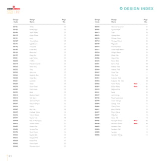61
LINE
Design Design Page
Code Name No.
80101 White 59
80103 White Opal 59
80106 Snow White 59
80113 Frosty White 59
80121 Ivory 59
80127 Almond Ivory 59
80171 Light Brown 59
80176 Chocolate 59
80193 Lunan Red 59
80195 Blood Red 59
80199 Deep Red 59
80201 Light Yellow 59
80204 Chiffon 59
80219 Mandarin Garnet 59
80225 Silver Grey 59
80232 Grey 59
80236 Slate Grey 59
80246 Sapphire Blue 59
80248 Deep Blue 59
80261 Lavender 59
80264 Violet 59
80279 Grass Green 59
80282 Dark Green 59
80293 Black 59
80314 Bavarian Beech 55
80316 Soft Beech 55
80345 Steamed Maple 50
80367 Natural Anegre 56
80374 Cherry 52
80389 Red Oak 49
80429 Heritage Walnut 54
80434 Cherry Wood 52
80447 Nyana Teak 48
80469 Natural Mahogany 56
80475 Golden Cherry 52
80483 Desert Pine 47
80484 Smoked Pine 47
80492 Rose Wood 54
80522 Figured Burl 56
80532 Douglas Pine 47
80539 Forest Pine 47
80542 Forest Sapeli 50
80548 Mountain Larch 55
Design Design Page
Code Name No.
80575 Steemed Sycamore 55
80585 Figured Maple 50
80613 Tulip 56
80675 Wenge Brew 52
80676 Wenge Cream 52
80718 Heritage Wood 54
80749 Magic Elm 50
80777 Fresh Bamboo 56
83311 Chalk Maple Beech 50
83324 Mangful Beech 55
83385 Dusky Oak 49
83386 Gravel Oak 49
83435 Ebony Belts 49
83441 Burma Teak 48
83443 Kalahari Teak 48
83444 Arabian Teak 48
83447 Sinop Teak 11
83448 Vera Teak 11
83451 Evaluzion Teak 08
83452 Evaluzion Ash Teak 08
83456 Asche Radisa New 05
83457 Ebony Radisa New 05
83532 Highland Pine 47
83541 Sapeli 50
83547 Larch Strings 55
83746 Royal Applewood 54
83799 Classic Wenge 52
83884 Orange Twist 15
83885 Cherry Twist 15
84421 Jaipur Walnut 54
84427 Cairo Walnut 54
84597 Milky Ash 10
84598 Dusky Ash 10
84785 Recolight Wood New 06
84788 Recodark Wood New 06
84883 Sandalart Grey 12
84884 Sandalart Oak 12
84885 Sandalart 12
84886 Sandalart Wenge 12
DESIGN INDEX
 