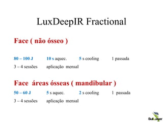 LuxDeepIR Fractional
Face ( não ósseo )
80 – 100 J 10 s aquec. 5 s cooling 1 passada
3 – 4 sessões aplicação mensal
Face áreas ósseas ( mandibular )
50 – 60 J 5 s aquec. 2 s cooling 1 passada
3 – 4 sessões aplicação mensal
 