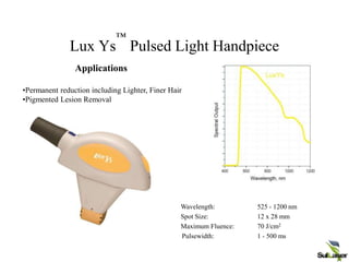 CONFIDENTIAL | ©
2008 Palomar Medical
Lux Ys
™
Pulsed Light Handpiece
Applications
•Permanent reduction including Lighter, Finer Hair
•Pigmented Lesion Removal
Wavelength: 525 - 1200 nm
Spot Size: 12 x 28 mm
Maximum Fluence: 70 J/cm2
Pulsewidth: 1 - 500 ms
 