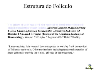 Estrutura do Folículo
The effects of laser-mediated hair removal on immunohistochemical
staining properties of hair follicles. Autores: Orringer JS,Hammerberg
C,Lowe L,Kang S,Johnson TM,Hamilton T,Voorhees JJ,Fisher GJ
Revista: J Am Acad Dermatol (Journal of the American Academy of
Dermatology). Volume: 55 Edição: 3 Páginas: 402-7 Data: 2006 Sep
“Laser-mediated hair removal does not appear to work by frank destruction
of follicular stem cells. Other mechanisms including functional alteration of
these cells may underlie the clinical efficacy of the procedure. “
 