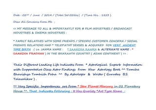 Date : 02ND / June / 2014 / (Total Set 02Nos.) / (Time Hrs. : 1823 ).
Dear All Concerns From Me ;
<< MY MESSAGE TO ALL & IMPORTANTLY FOR @ FILM INDUSTRIES / BROADCAST
INDUSTRIES & CINEMA INDUSTRIES :
* FAMILY RELATIVES WITH SOME FRIENDS / SPECIFIC CUSTOMER CONCERN / SOCIAL
FREINDS RELATIONS HAD * TELEPATHY SENSES & ACQUIRED FOR VERY ANCIENT
TIME BIRTH ( i.e. JANMA NAME : * SAANGHA RAAMA & ALTERNATE NAME : *
SAANGHA PRADHAN ) IN THE BHARAATH COUNTRY ( ASIAN CONTINENT ) >> .
Their Different Leading Life Indicates From * Astrological Superb Information
with Supportative Class Astro Findings From New Astrology Book ^^ Tumche
Bhavishya Tumhich Paha ^^ By Astrologer & Writer ( Gurudas B.S.
Talavalikar ) .
^^ Very Specific Importances are From * Star Planet Mercury in 02 Planetary
House ^^. That Indicates Following : It Has Quality *Art Type Name :
 