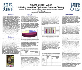 Saving School Lunch Utilizing Healthier Options to Combat Obesity Brandon Rickertsen, Andrea Johnson, Derrik Hartman and Paige Gapinski Luther College Psychology of Health and Illness Purpose   The rising trend of obesity in children has prompted many organizations to analyze the nutritional choices children are making at a young age, and the impacts this has on their health. To further understand the choices children are making about what they eat, we teamed up with the Starmont Community School District which has recently made changes to its lunch program. In order to find out how children think about their nutritional choices, and to assist the school in continuing to improve their lunch program we agreed to survey the seventh through twelfth grade students about their eating habits and school lunch experience. We were able to gather information, report back results, and offer suggestions on how to help Starmont Community School District encourage its students to make healthier choices. Methods On November 20th, 2008 our group traveled to Starmont Community School district to evaluate the lunch program. We toured the high school, middle school, and elementary school lunchrooms while discussing recent changes in Starmont’s lunch program such as soda machine hours, a la carte selection, and decreased dessert options. Special attention was paid to what the students chose to consume as well as dispose of during their lunch period. Surveys were designed evaluate students dietary decisions and lunchroom experience. The surveys were distributed to the middle school and high school students then they were collected and data was tabulated. ,[object Object],Discussion Figure 1: The pie chart shows the response in percentages to the question: I think about whether foods are good for me when I get to choose what I eat.  N= 298 7-12 graders at Starmont Schools. Table 1: Percentage of those surveyed that ate breakfast almost always (5-7 days per week), sometimes (2-4 days per week), and hardly ever (0-1 days per week). Two-hundred and sixty-nine students were surveyed from 7-12 grades at Starmont Schools. Table 2: Percentage of those surveyed that almost always, sometimes, and hardly ever drink soda and the percentage of those who use the soda machines at school. Two-hundred and seventy-one students were surveyed, in grades 7-12 at Starmont Schools.  ,[object Object],[object Object],[object Object],Figure 3: The graph depicts the percentage of those surveyed for how often they eat vegetables, fruits, and choose to eat fruits or vegetables at school. Two-hundred and seventy students were surveyed in grades 7-12 at Starmont Schools. ,[object Object],[object Object],[object Object],[object Object],[object Object],[object Object],[object Object],[object Object],[object Object],Hardly Ever Sometimes Almost Always I Eat Breakfast 16% 30% 53% Hardly Ever Sometimes Almost Always I Drink A Bottle Of Soda A Day 52% 35% 13% I Use The Soda Machines 80% 10% 10% 