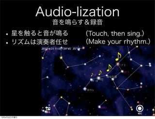 Audio-lization
Q餹h
? ?
?
?
?Ǥ򴥤Q
?ꥺΤ
Touch, then sing.
Make your rhythm.
13422
 