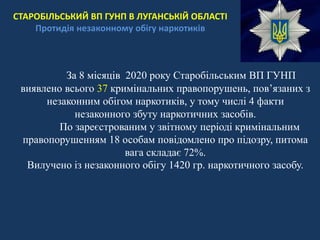 За 8 місяців 2020 року Старобільським ВП ГУНП
виявлено всього 37 кримінальних правопорушень, пов’язаних з
незаконним обігом наркотиків, у тому числі 4 факти
незаконного збуту наркотичних засобів.
По зареєстрованим у звітному періоді кримінальним
правопорушенням 18 особам повідомлено про підозру, питома
вага складає 72%.
Вилучено із незаконного обігу 1420 гр. наркотичного засобу.
СТАРОБІЛЬСЬКИЙ ВП ГУНП В ЛУГАНСЬКІЙ ОБЛАСТІ
Протидія незаконному обігу наркотиків
 