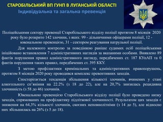 СТАРОБІЛЬСЬКИЙ ВП ГУНП В ЛУГАНСЬКІЙ ОБЛАСТІ
Індивідуальна та загальна превенція
Поліцейськими сектору превенції Старобільського відділу поліції протягом 8 місяців 2020
року було розкрито 142 злочини, з яких: 99 - дільничними офіцерами поліції, 12 -
ювенальною превенцією, 31 - сектором реагування патрульної поліції.
Для належного контролю за поведінкою раніше судимих осіб поліцейськими
ініційовано встановлення 7 адміністративних наглядів за вказаними особами. Виявлено 89
фактів порушення правил адміністративного нагляду, передбачених ст. 187 КУпАП та 0
фактів порушення таких правил, передбачених ст. 395 ККУ.
З метою профілактики кримінальних та адміністративних правопорушень,
протягом 8 місяців 2020 року проводився комплекс превентивних заходів.
Спостерігається тенденція збільшення кількості злочинів, вчинених у стані
алкогольного сп’яніння на 22.2% (з 18 до 22), але на 20,7% знизилась рецидивна
злочинність (з 58 до 46) злочинів.
Ювенальною превенцією Старобільського відділу поліції було проведено низку
заходів, спрямованих на профілактику підліткової злочинності. Результатом цих заходів є
зниження на 64,3% кількості злочинів, скоєних неповнолітніми (з 14 до 5), але відносно
них збільшилась на 26% (з 5 до 18).
 
