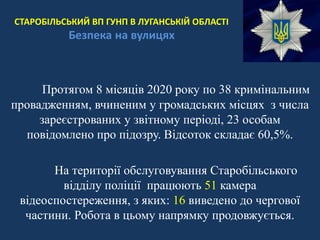 СТАРОБІЛЬСЬКИЙ ВП ГУНП В ЛУГАНСЬКІЙ ОБЛАСТІ
Безпека на вулицях
Протягом 8 місяців 2020 року по 38 кримінальним
провадженням, вчиненим у громадських місцях з числа
зареєстрованих у звітному періоді, 23 особам
повідомлено про підозру. Відсоток складає 60,5%.
На території обслуговування Старобільського
відділу поліції працюють 51 камера
відеоспостереження, з яких: 16 виведено до чергової
частини. Робота в цьому напрямку продовжується.
 