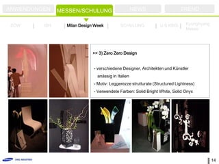 ANWENDUNGEN    MESSEN/SCHULUNG                      NEWS                   TREND

ZOW      ISH     Milan Design Week          SCHULUNG            U.S KBIS      Kyunghyang
                                                                              Messe




                            >> 3) Zero Zero Design


                             - verschiedene Designer, Architekten und Künstler
                               anässig in Italien
                             - Motiv: Leggerezze strutturate (Structured Lightness)
                             - Verwendete Farben: Solid Bright White, Solid Onyx




                                                                                           14
 