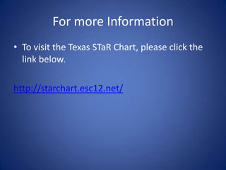 For more InformationTo visit the Texas STaR Chart, please click the link below. http://starchart.esc12.net/