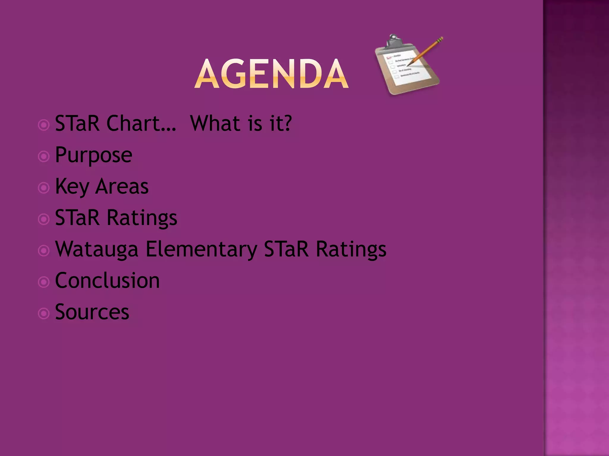 agendaSTaR Chart…  What is it?PurposeKey AreasSTaR RatingsWatauga Elementary STaR RatingsConclusionSources