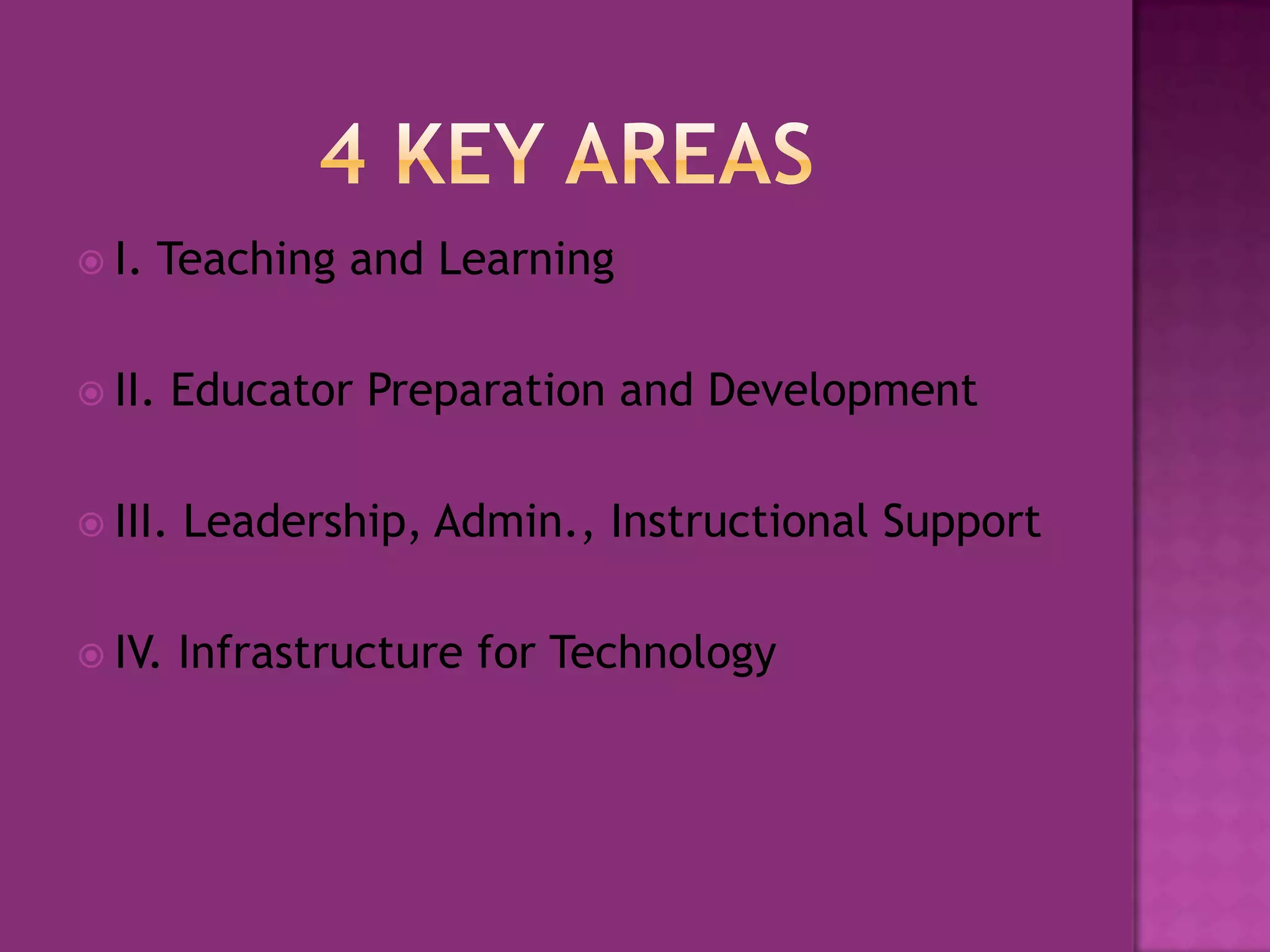 4 Key AreasI. Teaching and LearningII. Educator Preparation and DevelopmentIII. Leadership, Admin., Instructional SupportIV. Infrastructure for Technology