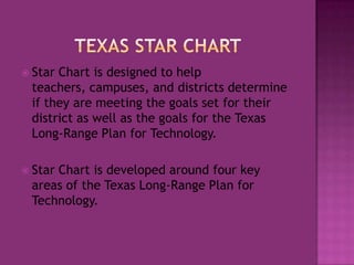 Texas Star ChartStar Chart is designed to help teachers, campuses, and districts determine if they are meeting the goals set for their district as well as the goals for the Texas Long-Range Plan for Technology.Star Chart is developed around four key areas of the Texas Long-Range Plan for Technology.