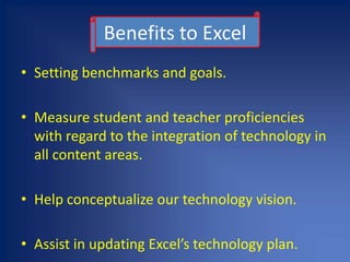 Benefits to ExcelSetting benchmarks and goals.Measure student and teacher proficiencies with regard to the integration of technology in all content areas.Help conceptualize our technology vision.Assist in updating Excel’s technology plan.