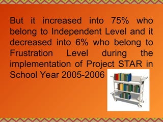 But it increased into 75% who
belong to Independent Level and it
decreased into 6% who belong to
Frustration Level during the
implementation of Project STAR in
School Year 2005-2006
 