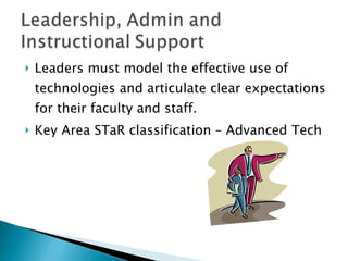 Leaders must model the effective use of technologies and articulate clear expectations for their faculty and staff. Key Area STaR classification – Advanced Tech 
