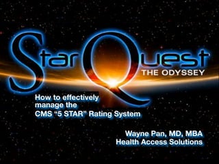How to effectively
manage the
CMS “5 STAR” Rating System

                     Wayne Pan, MD, MBA
                   Health Access Solutions
 