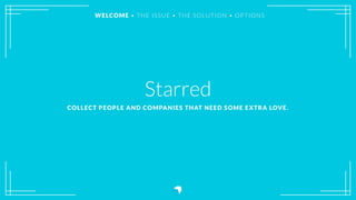 Starred
COLLECT PEOPLE AND COMPANIES THAT NEED SOME EXTRA LOVE.
WELCOME • THE ISSUE • THE SOLUTION • OPTIONS
 