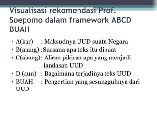 Visualisasi rekomendasi Prof.
Soepomo dalam framework ABCD
BUAH
• A(kar) : Maksudnya UUD suatu Negara
• B(atang) :Suasana apa teks itu dibuat
• C(abang): Aliran pikiran apa yang menjadi
landasan UUD
• D (aun) : Bagaimana terjadinya teks UUD
• BUAH : Pengertian yang sesungguhnya dari
UUD
 
