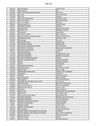 Page 138 
002716 
Miss Me Blind 
Culture Club 
018494 
Miss Murder 
AFI 
006788 
MISS THE MISSISSIPPI AND YOU 
KT OSLIN 
002928 
Miss You 
ERIC CLAPTON 
010180 
Miss You 
Aaliyah 
016537 
MISS YOU LIKE CRAZY 
NATALIE COLE 
011702 
MISS YOU MUCH 
JANET JACKSON 
004729 
Miss You Nights 
Westlife 
018923 
Missing Missouri 
SARA EVANS 
001981 
MISSING MY BABY 
SELENA 
20302 
MISSING YOU 
BLACK EYED PEAS 
008183 
MISSING YOU 
BROOKS & DUNN 
015334 
Missing You 
John Waite 
018971 
Missing You 2007 
Allison Krauss 
005805 
Mission Temple Fireworks Stand 
Brown, Sawyer feat. 
011703 
MISSIONARY MAN 
EURYICS, THE 
003860 
Mississippi 
Pussycat 
25062 
MISSISSIPPI GIRL 
FAITH HILL 
011704 
MISSISSIPPI QUEEN 
MOUNTAIN 
017041 
MISSISSIPPI SQUIRREL REVIVAL 
RAY STEVENS 
25228 
MISSISSIPPI'S CRYING 
MARGARET DURANTE 
006214 
MISTER CELLOPHANE 
CHICAGO 
20172 
MISTER OFFICER 
JYPSI 
011705 
MISTER SANDMAN 
CHORDETTES, THE 
016378 
MISTER SANDMAN 
EMMYLOU HARRIS 
016006 
MISTER TAMBOURINE MAN 
BYRDS 
016189 
MISTLE TOE AND HOLLY 
ANDY WILLIAMS 
016538 
MISTY 
JOHNNY MATHIS 
011706 
MISTY 
STANDARD 
20529 
MISUNDERSTANDING 
GENESIS 
004850 
Mixed Up World 
Ellis-Bextor, Sophi 
018914 
MJB Da MVP 
Mary J. Blige 
016783 
MMM MMM MMM MMM 
CRASH TEST DUMMIES 
016918 
MMMBOP 
HANSON 
006532 
MOBILE 
AVRIL LAVIGNE 
20255 
MOCKINGBIRD 
ROB THOMAS 
005798 
Mockingbird 
Toby Keith & Kryst 
015957 
MODERN DAY BONNIE AND CLYDE 
Travis Tritt 
010047 
MODERN MAN 
MICHAEL PETERSON 
010058 
Moment Like This, A 
KELLY CLARKSON 
018919 
Moment Like This, A 
Leona Lewis 
018972 
Moments 
Emerson Drive 
016294 
MONA LISA 
ENGELBERT HUMPERDINK 
011708 
MONA LISA 
NAT KING COLE 
014275 
Mona Lisa Lost Her Smile 
David Allen Coe 
017013 
MONDAY MONDAY 
MAMAS AND THE PAPAS 
20571 
MONDAY MORNING 
FLEETWOOD MAC 
006688 
MONDAY MORNING CHURCH 
ALAN JACKSON 
19811 
MONEY FOR NOTHIN 
DIRE STRAITS 
20657 
MONEY HONEY 
LADY GAGA 
016379 
MONEY IN THE BANK 
John Anderson 
018752 
Money Maker 
Ludacris feat. Pharr 
015698 
MONEY MAKES THE WORLD GO AROUND 
CABARET 
015698 
MONEY MAKES THE WORLD GO 'ROUND 
JOEL GRAY (CABARET) 
003030 
Money Song, The 
Musical/Cabaret 
19477 
MONEY TALKS 
AC/DC 
004427 
Money To Burn 
Richard Ashcroft  